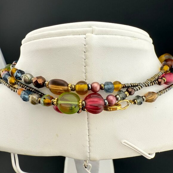 Vintage Multicolor Glass Bead Necklace Long Strand With Gold-Tone Accents Boho S - Picture 7 of 11